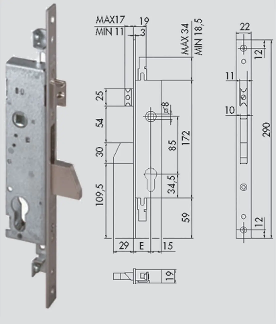 Serratura da infilare a catenaccio basculante, a cilindro per montanti cisa 46225